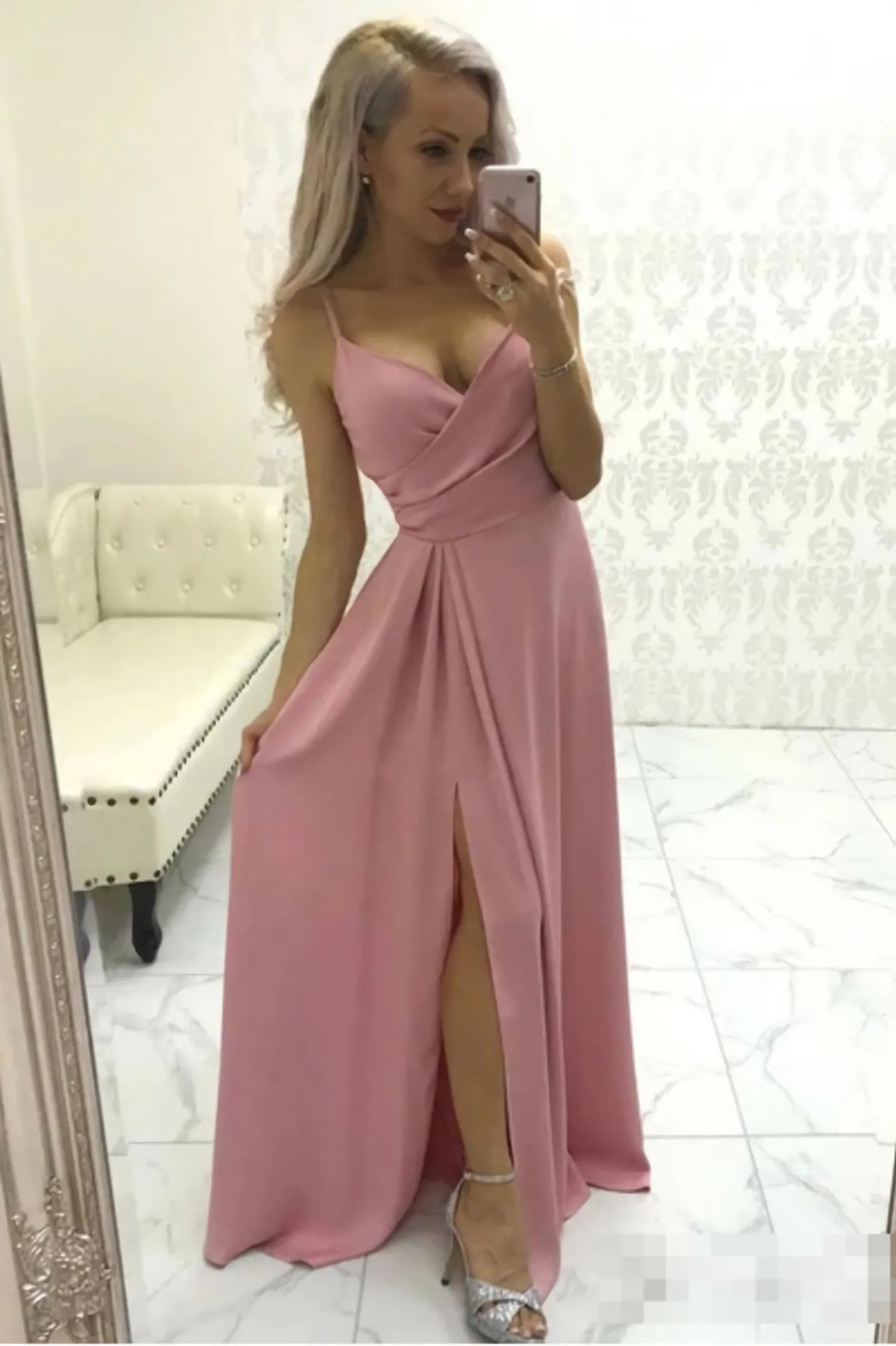 Simple Evening Gown Spaghetti Straps Satin Prom Dress With Split