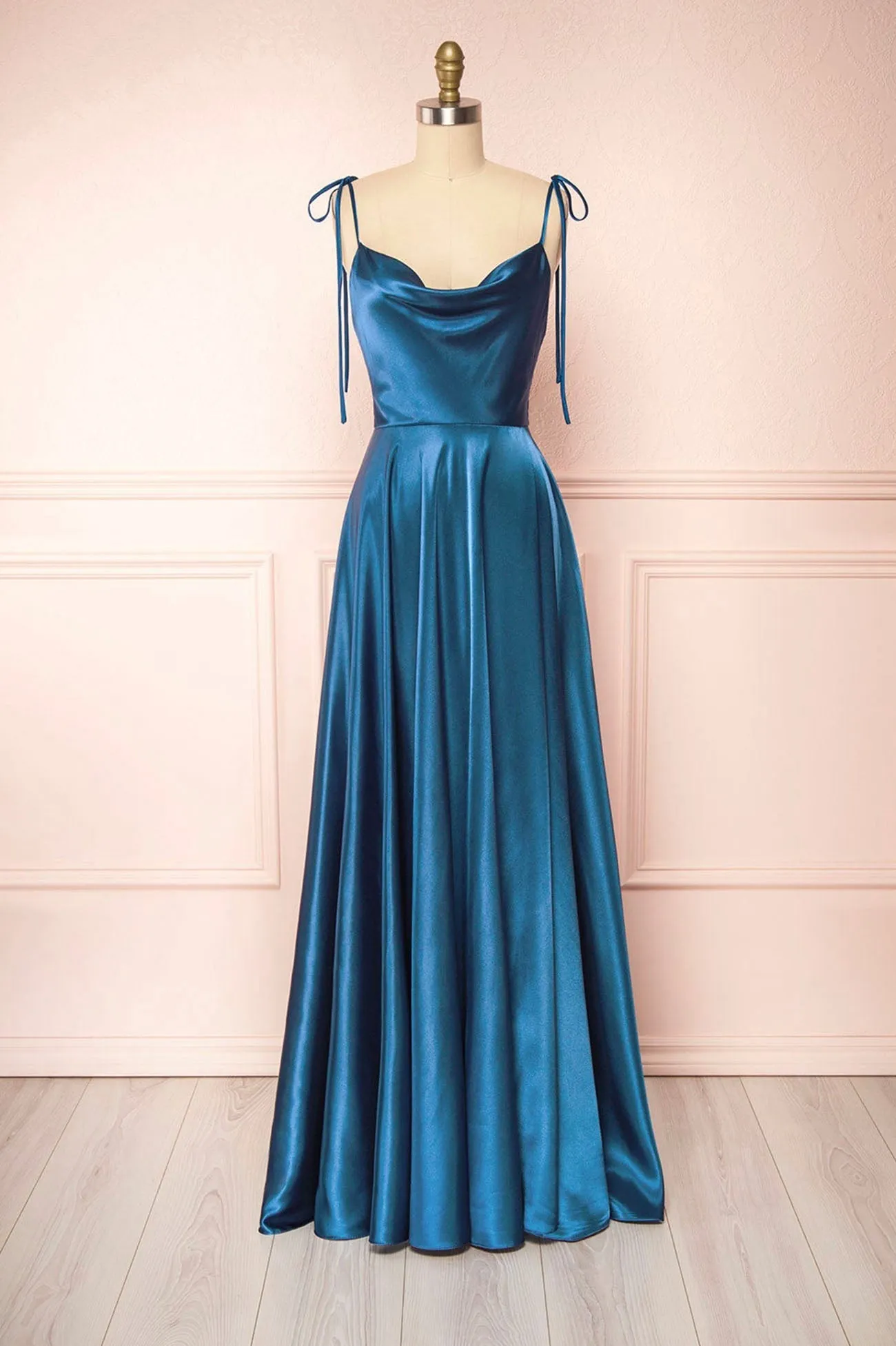 Simple Satin Long A-Line Prom Dress, Spaghetti Straps Evening Dress