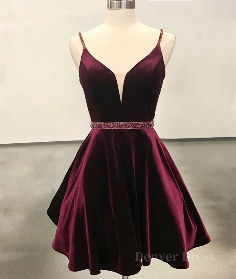 Simple v neck velvet short burgundy prom dress burgundy homecoming dress