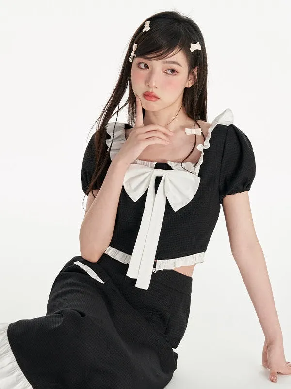 Small Fragrant Wind Puff Sleeve Ruffle Top & Ruffle Skirt