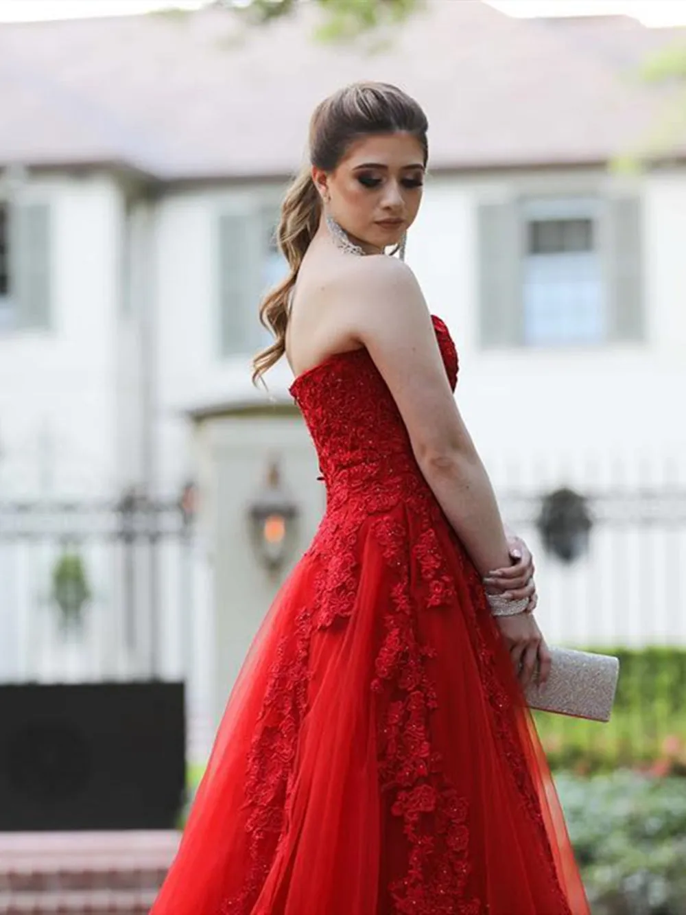 Strapless Red Lace Long Prom with Train, Red Lace Formal, Red Evening