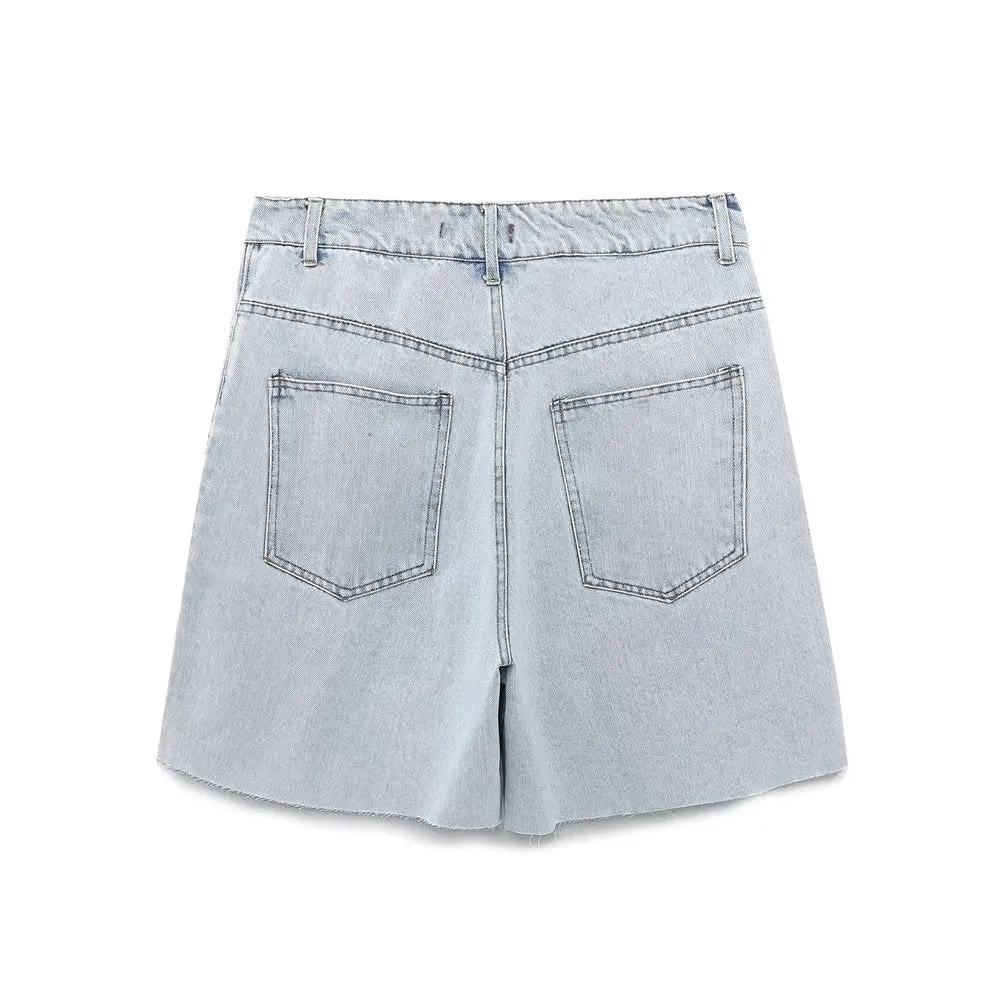 Summer High Waist Straight Long Denim Shorts Casual Denim Shorts Shorts