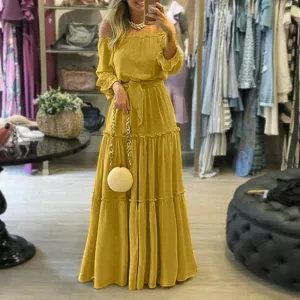 Summer lace-up ruffled bohemian sexy off-the-shoulder maxi dress for women