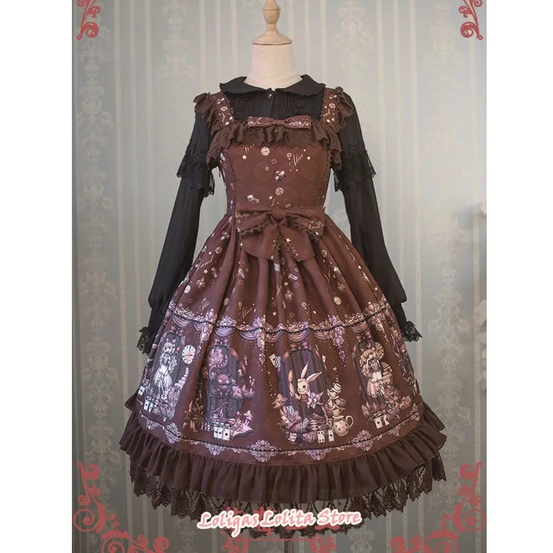 Sweet Lolita JSK Dress Alice Wonderland Series Printed Empire Waist Sleeveless Dress by Strawberry Witch