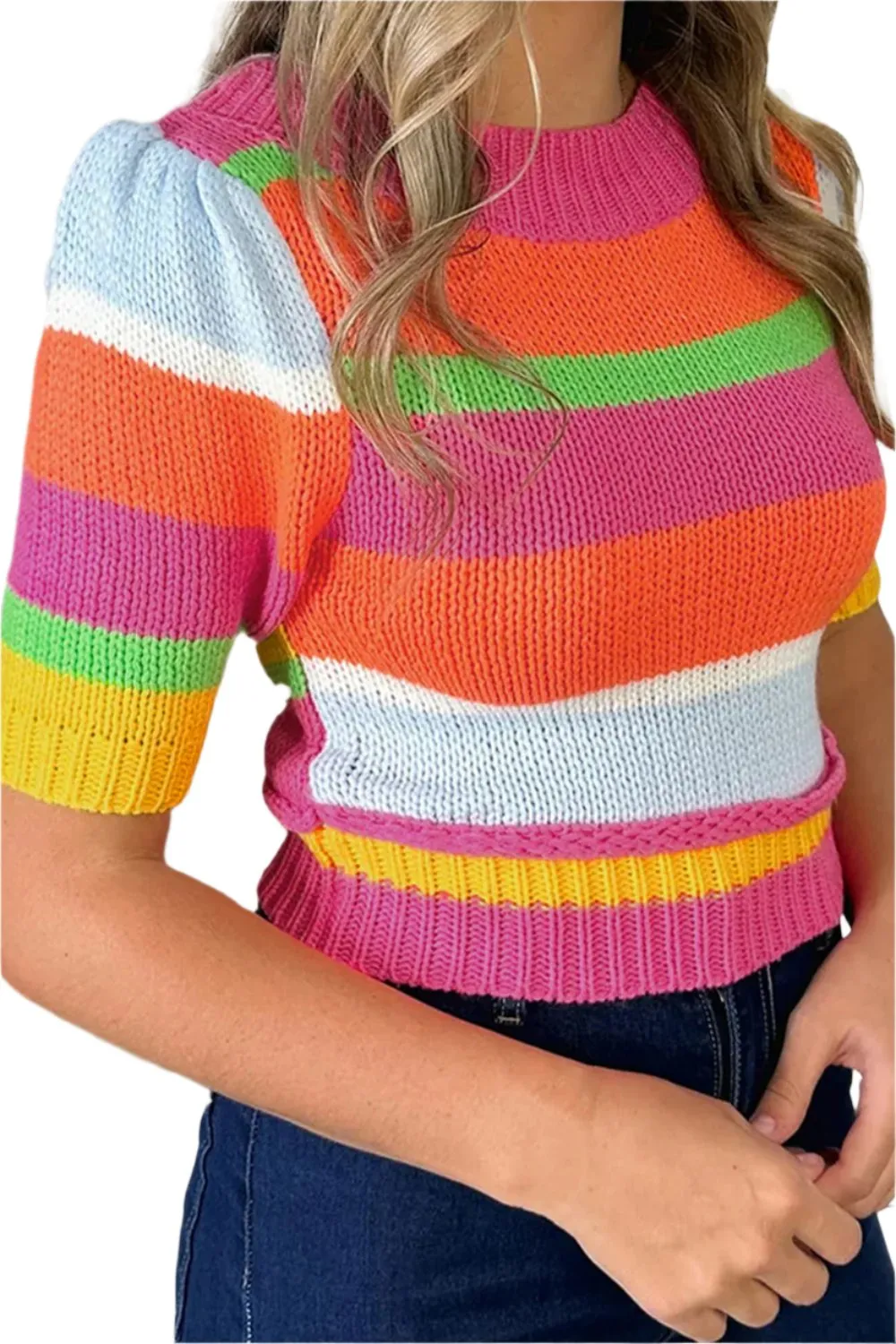 TEEK - Orange Color Block Half Sleeve Knit Top