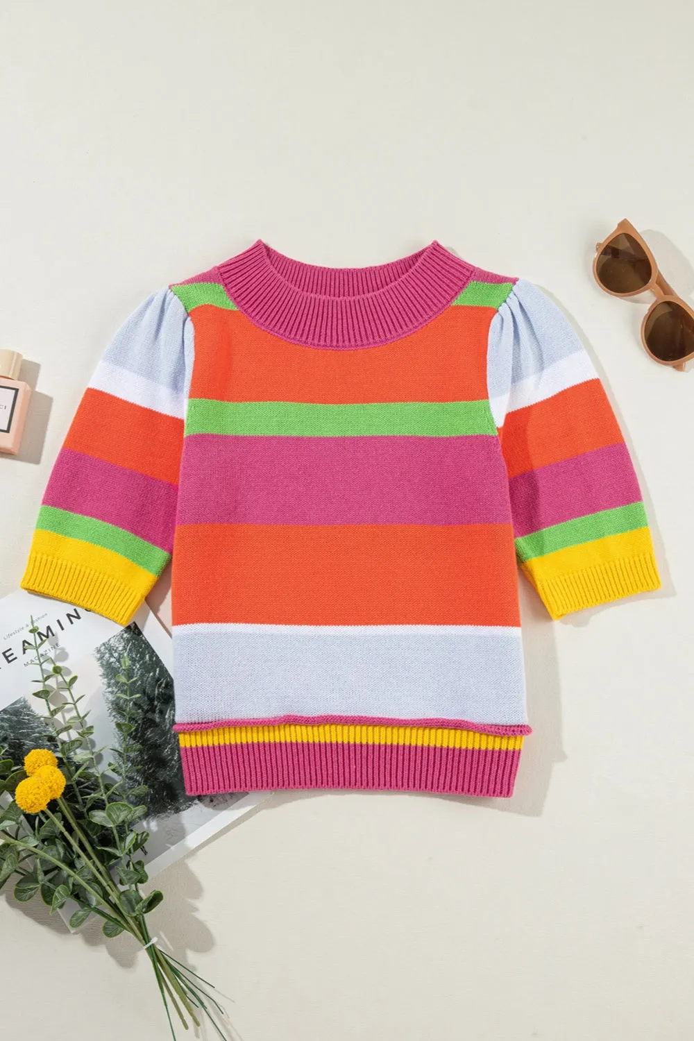 TEEK - Orange Color Block Half Sleeve Knit Top