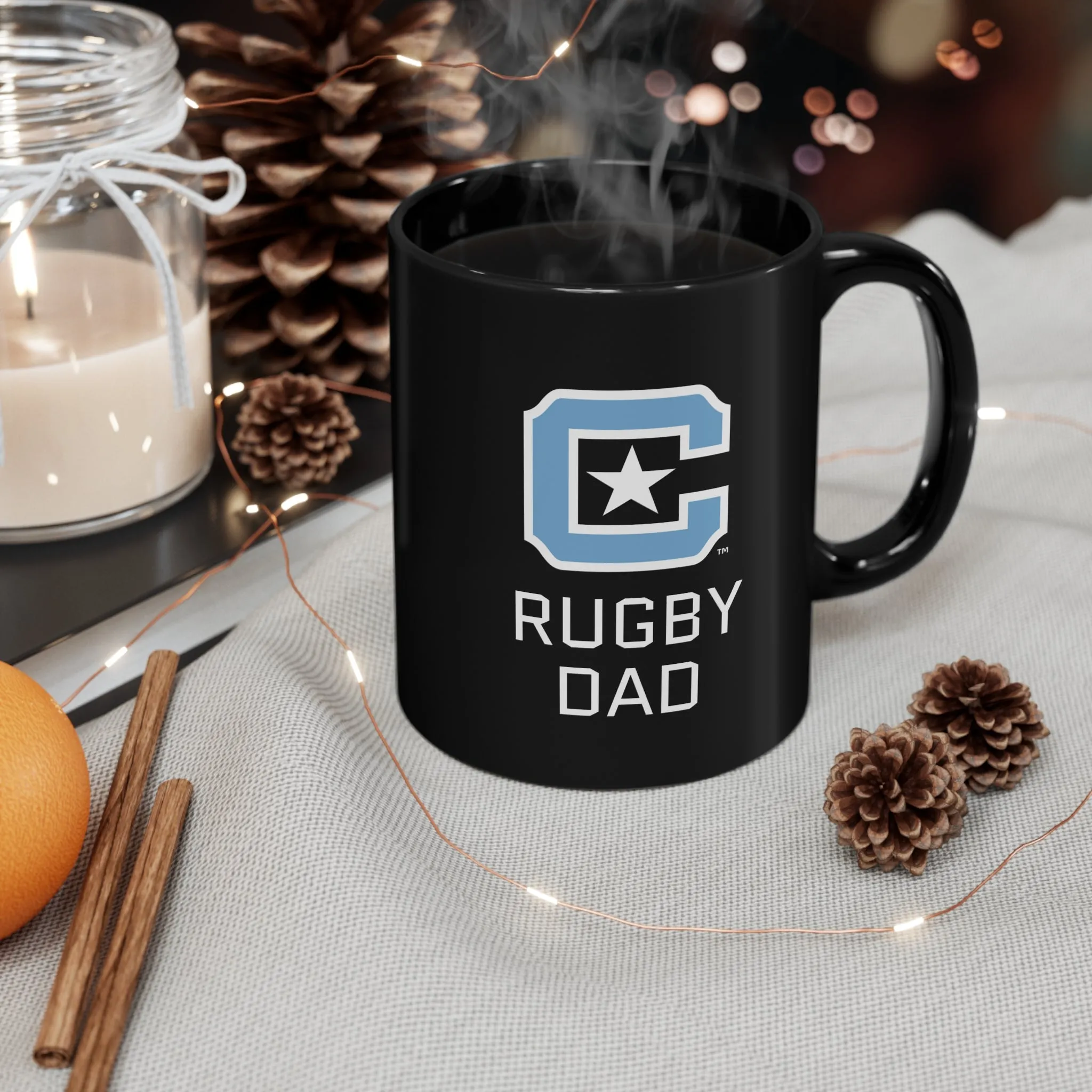 The Citadel Block C Logo, Club Sports Rugby Dad, Black Mug, 11oz