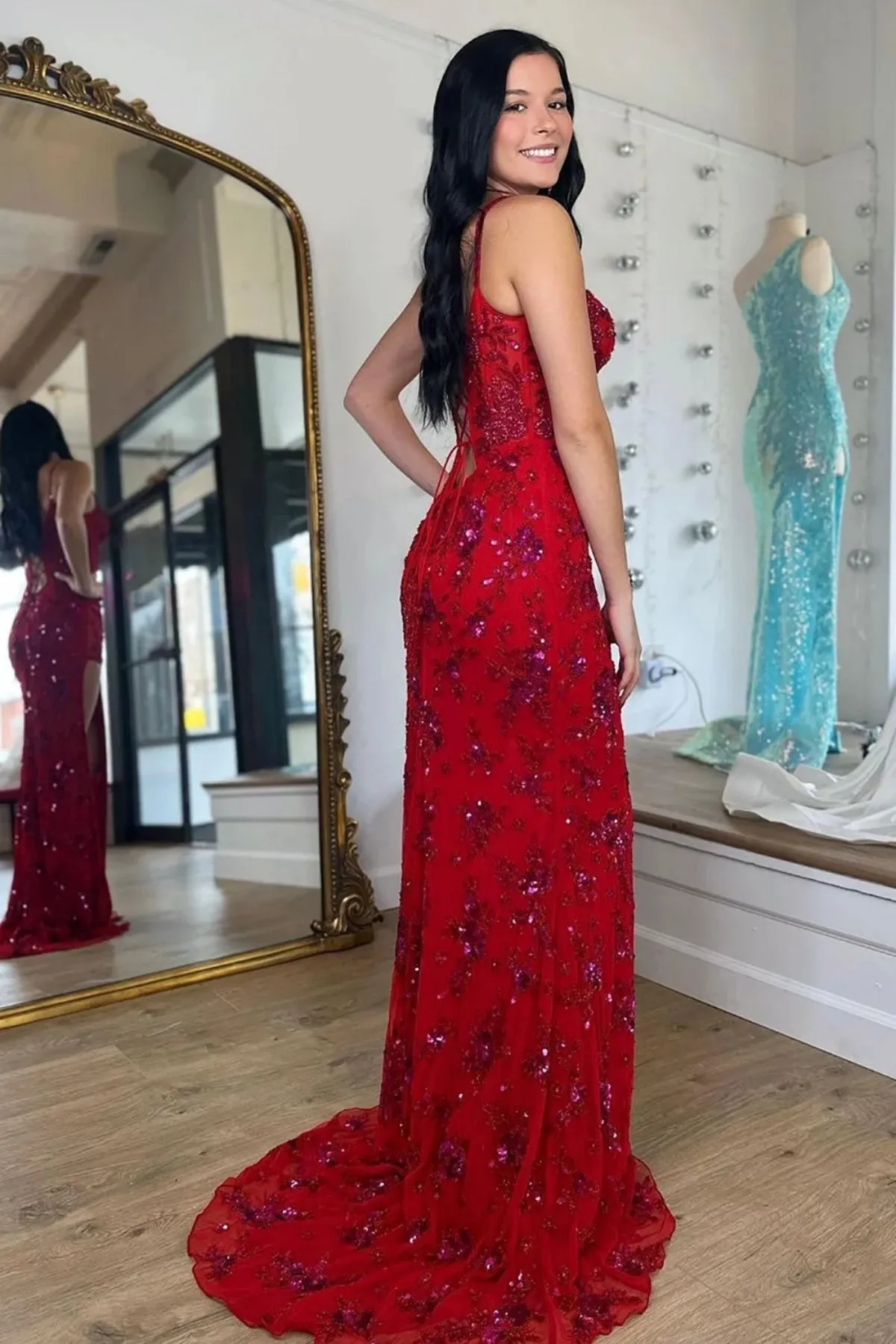 V Neck Mermaid Red Lace Long Prom Dress with High Slit, Red Lace Formal Dress, Red Evening Dress with Train A2080