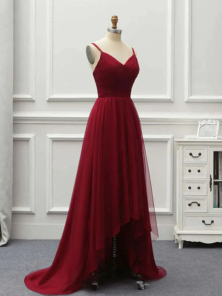 Wine Red High Low Sweetheart Simple Tulle Prom Dress, High Low Homecoming Dress