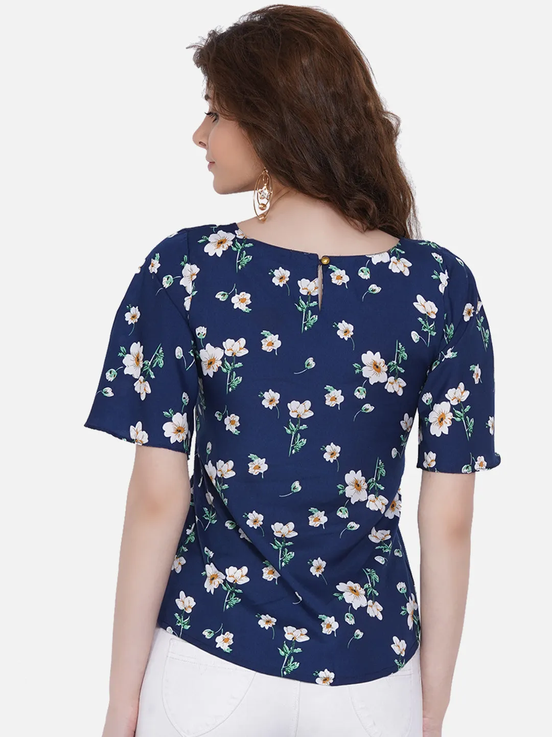 Women Blue Floral Print Crepe Top