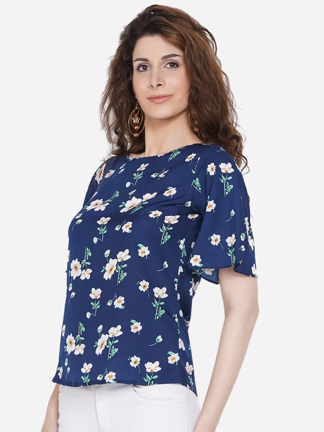 Women Blue Floral Print Crepe Top