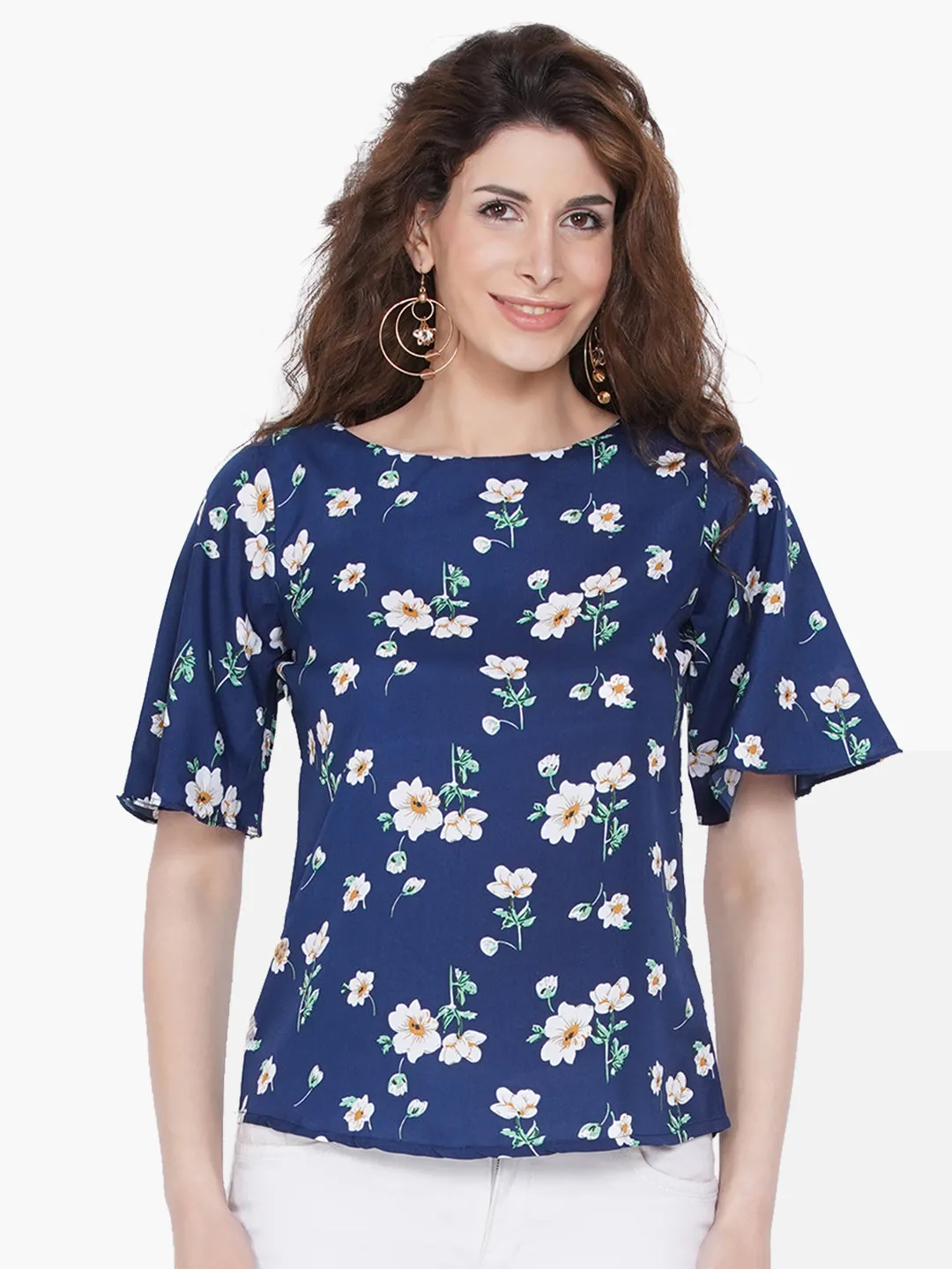 Women Blue Floral Print Crepe Top