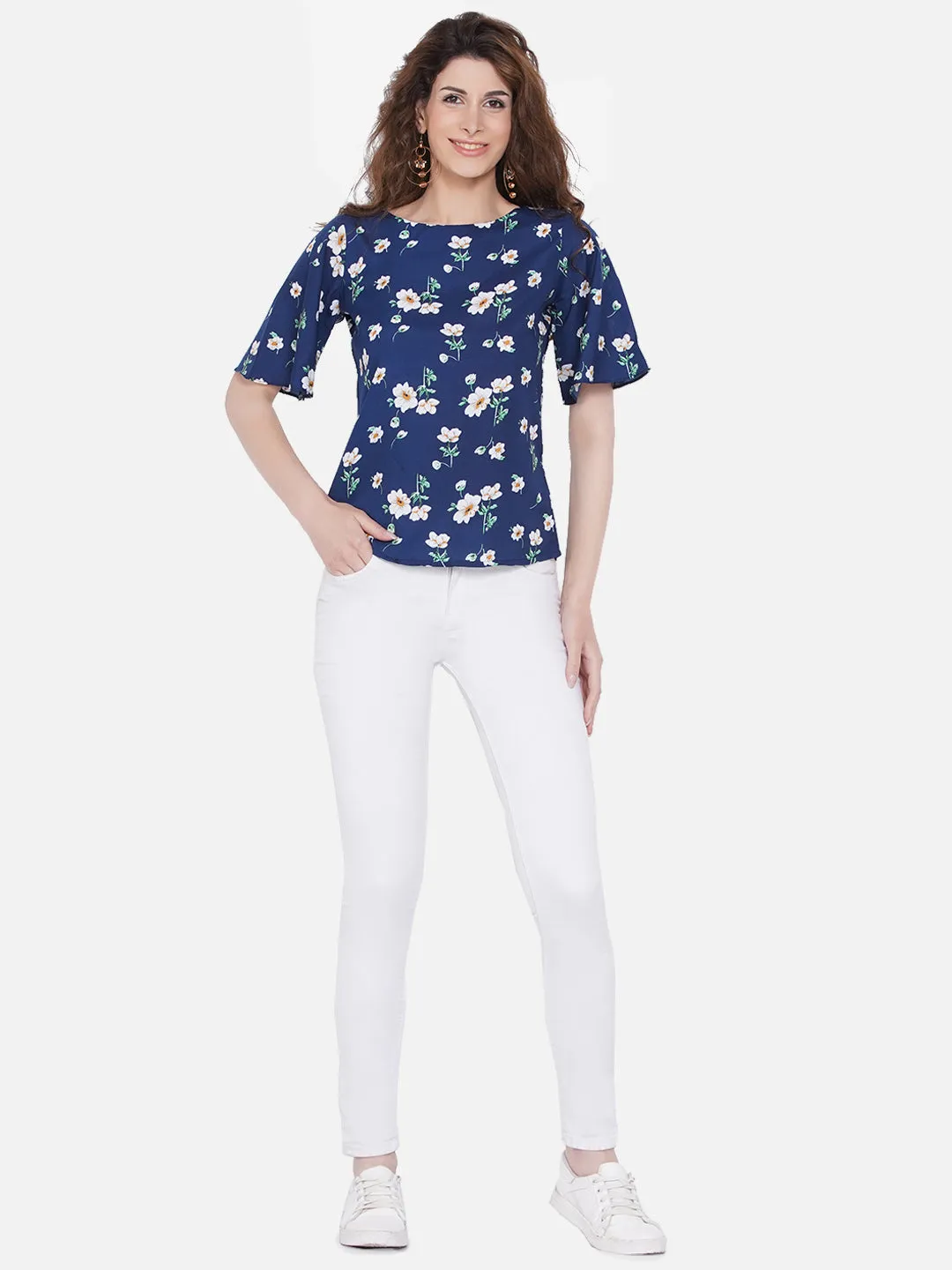 Women Blue Floral Print Crepe Top