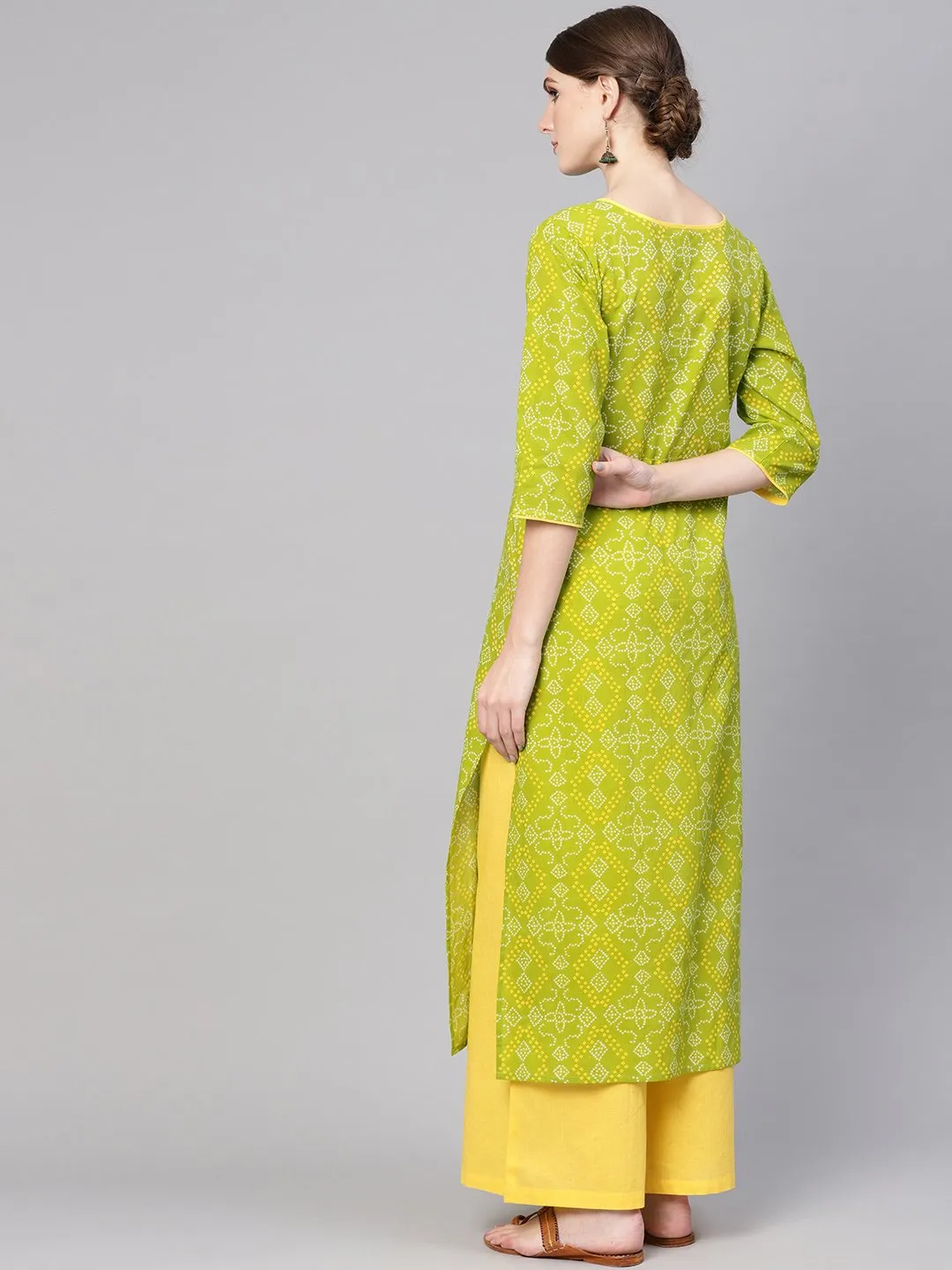 Women Green & Yellow Bandhani Print Kurta With Palazzos