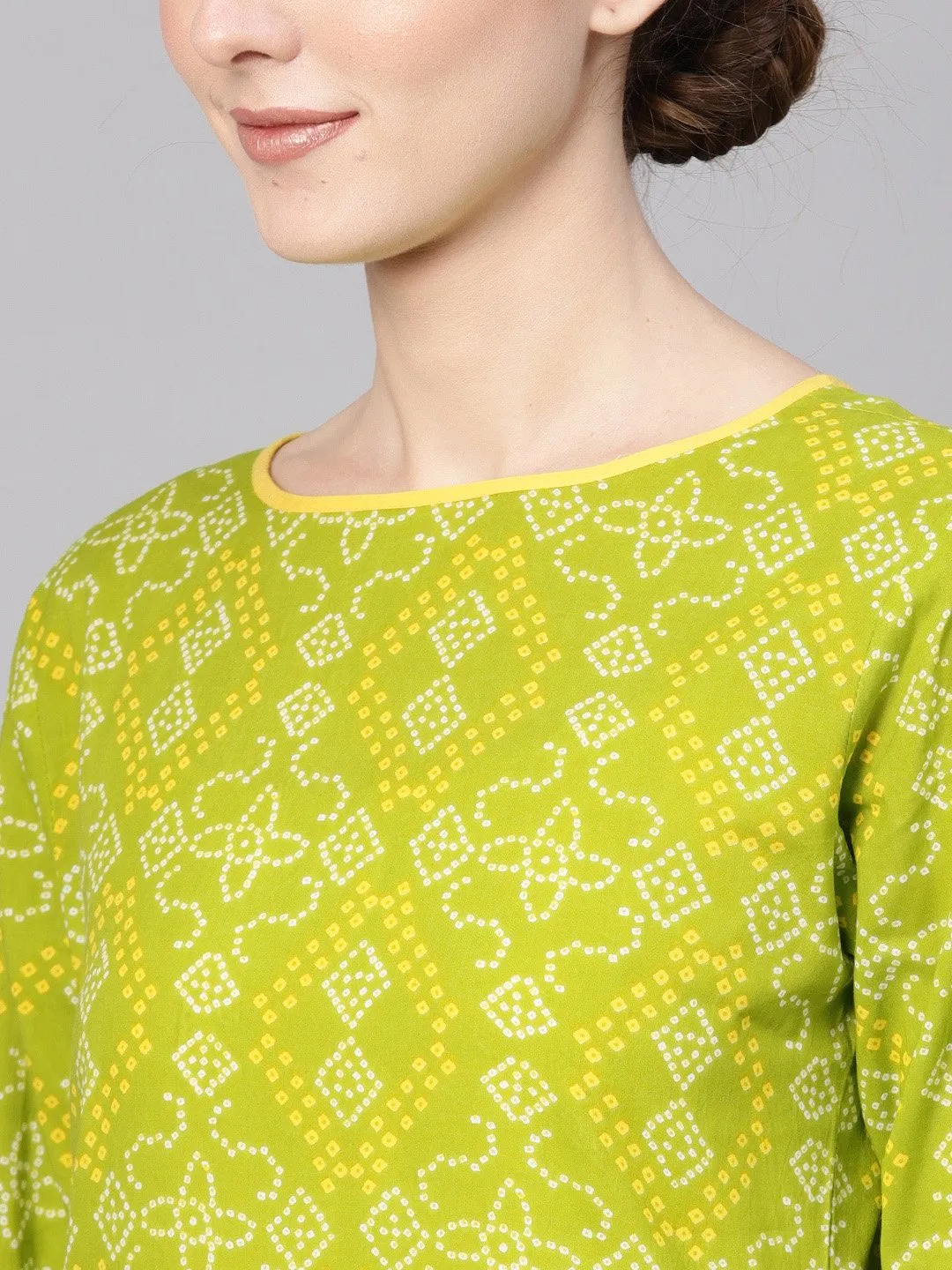 Women Green & Yellow Bandhani Print Kurta With Palazzos