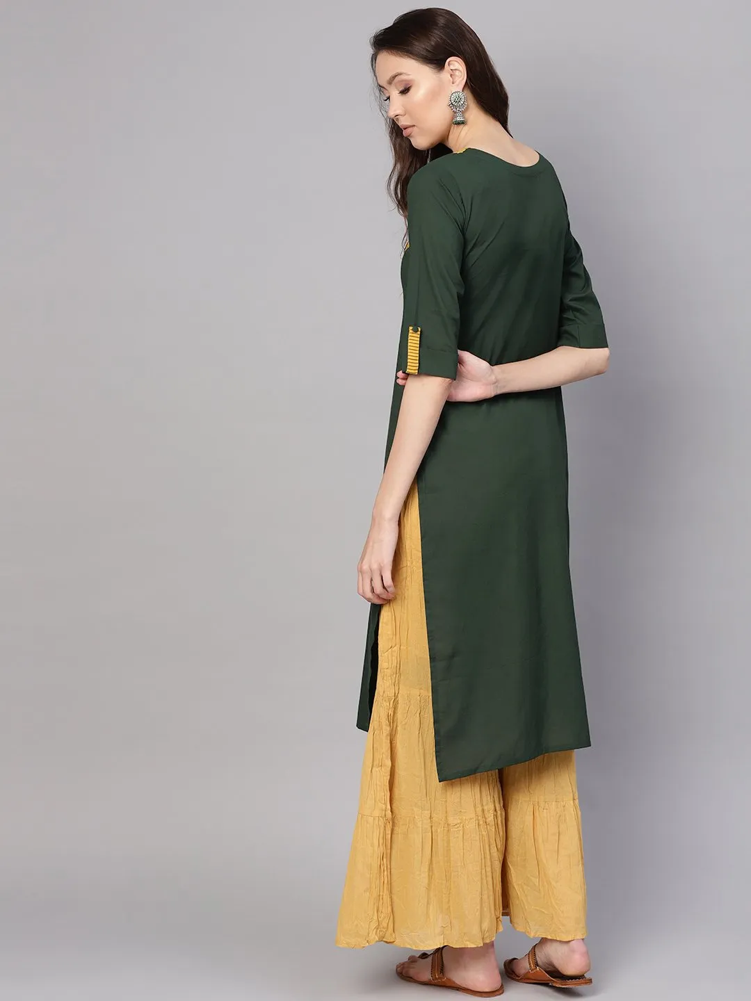 Women Green & Yellow Yoke Design Straight Kurta