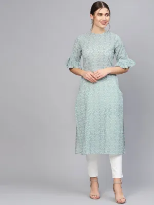 Women Grey & White Printed Straight Kurta