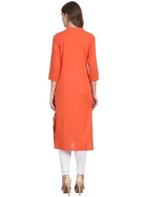 Women Orange 3/4 Sleeve Cotton Slub Kurta With Embroidery Work