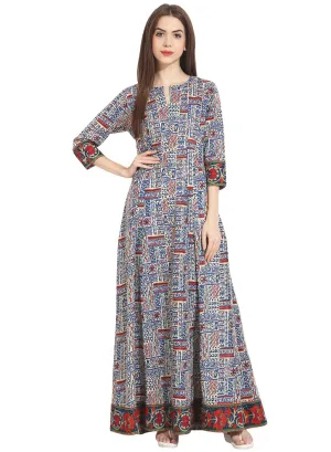 Women Printed Multi Three Quarter Sleeve Round Neck Cotton A-Line Kurta