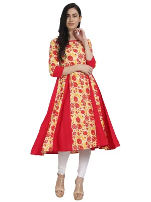 Women Red Printed 3/4Th Sleeve Rayon A-Line Kurta