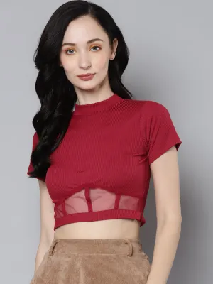 Women Red Rib High Neck Crop Top