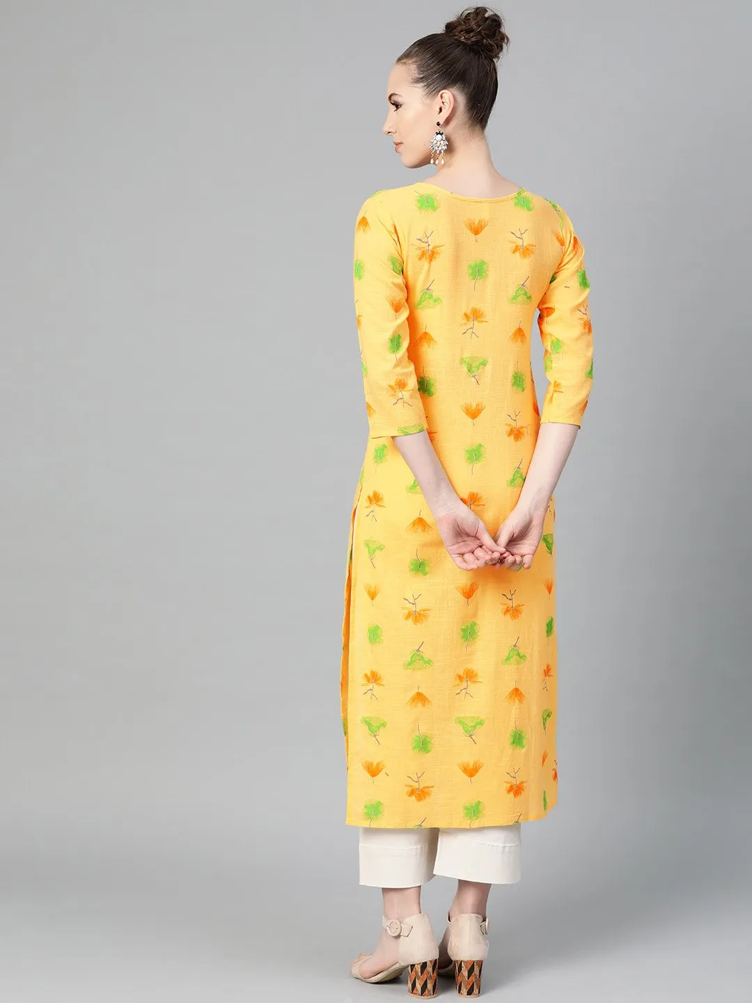 Yellow Multi Colored Printed Kurta With Round Neck With V & 3/4 Sleeves