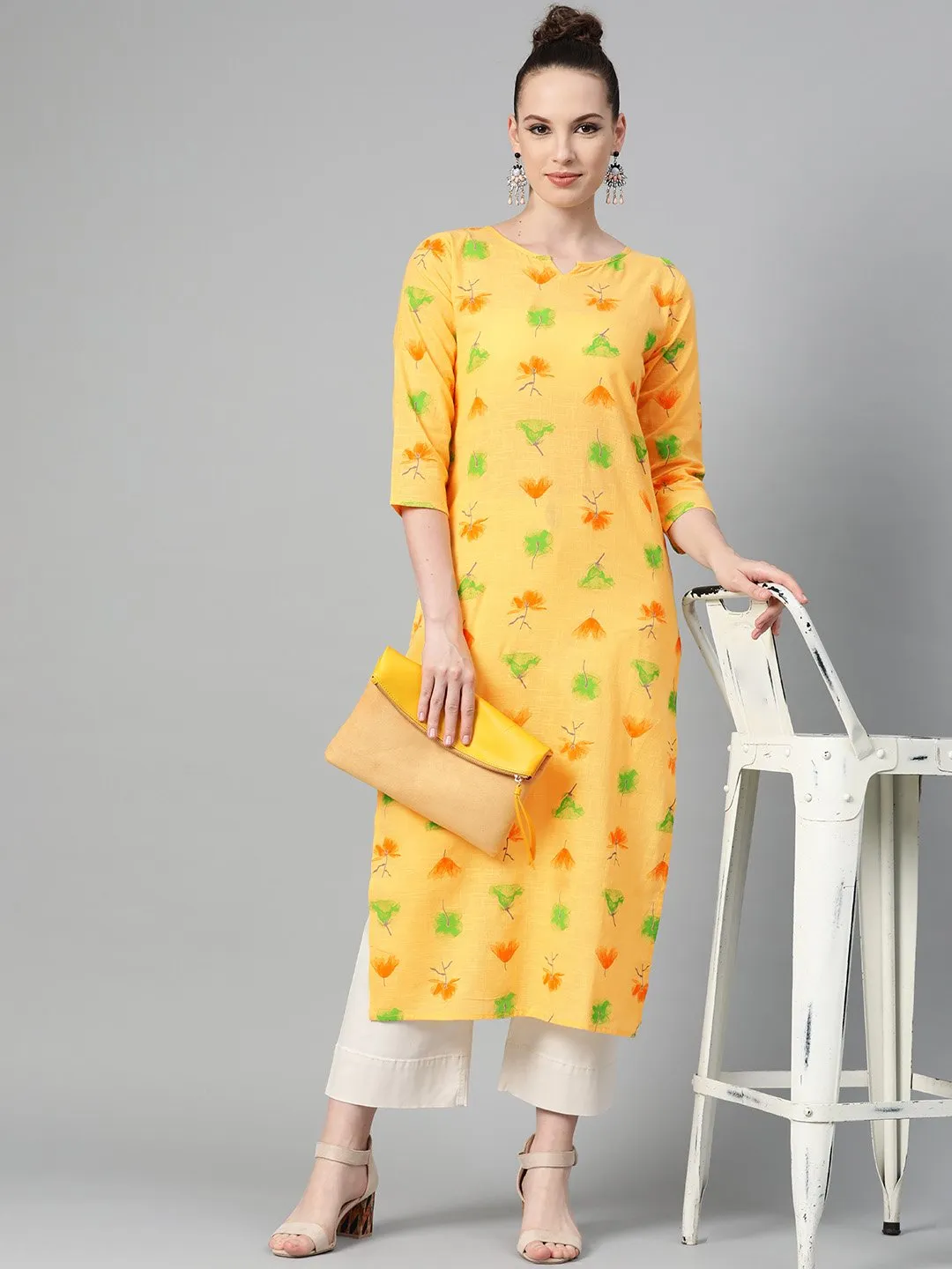 Yellow Multi Colored Printed Kurta With Round Neck With V & 3/4 Sleeves