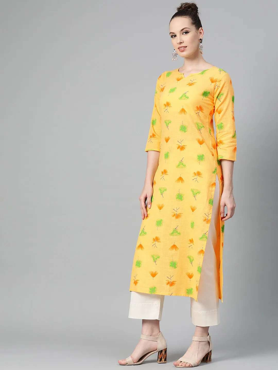 Yellow Multi Colored Printed Kurta With Round Neck With V & 3/4 Sleeves