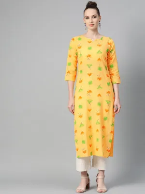 Yellow Multi Colored Printed Kurta With Round Neck With V & 3/4 Sleeves